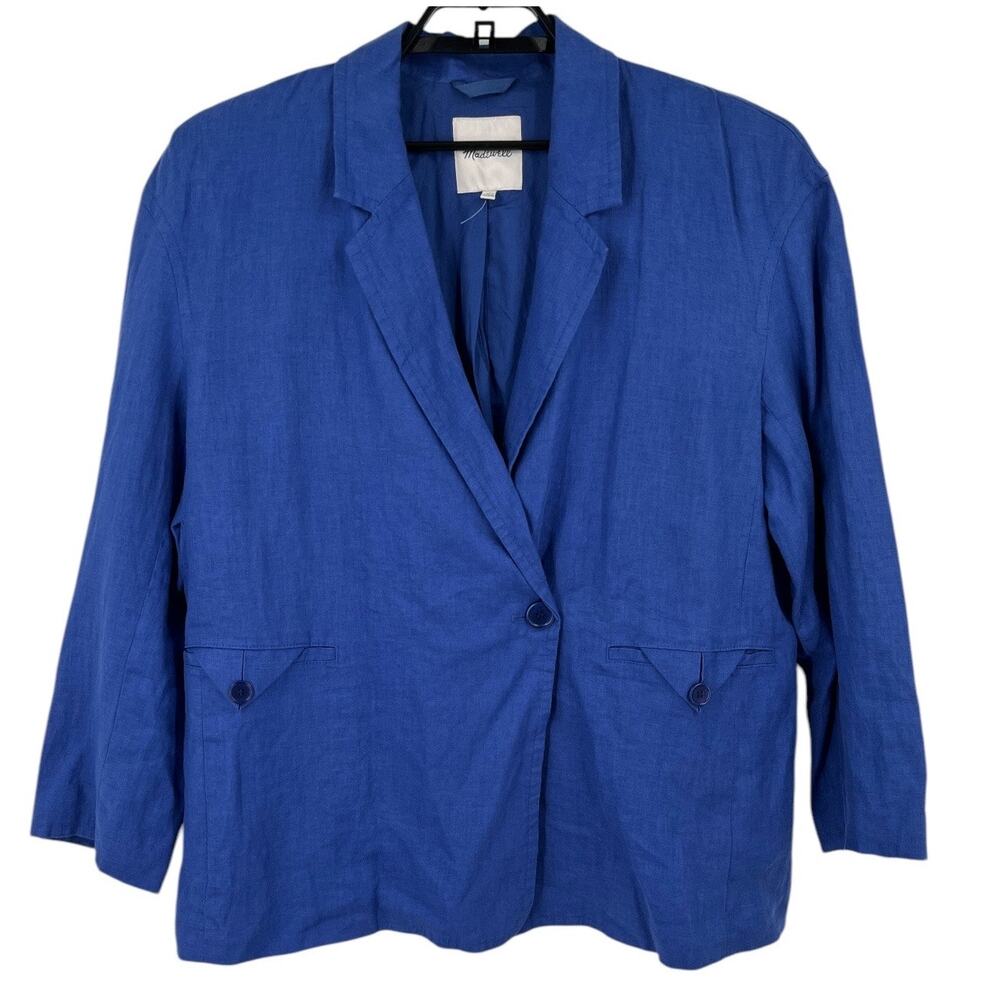 Madewell Double-Breasted Crossover Blazer in 100% Linen blue X-Large XL - Picture 2 of 7